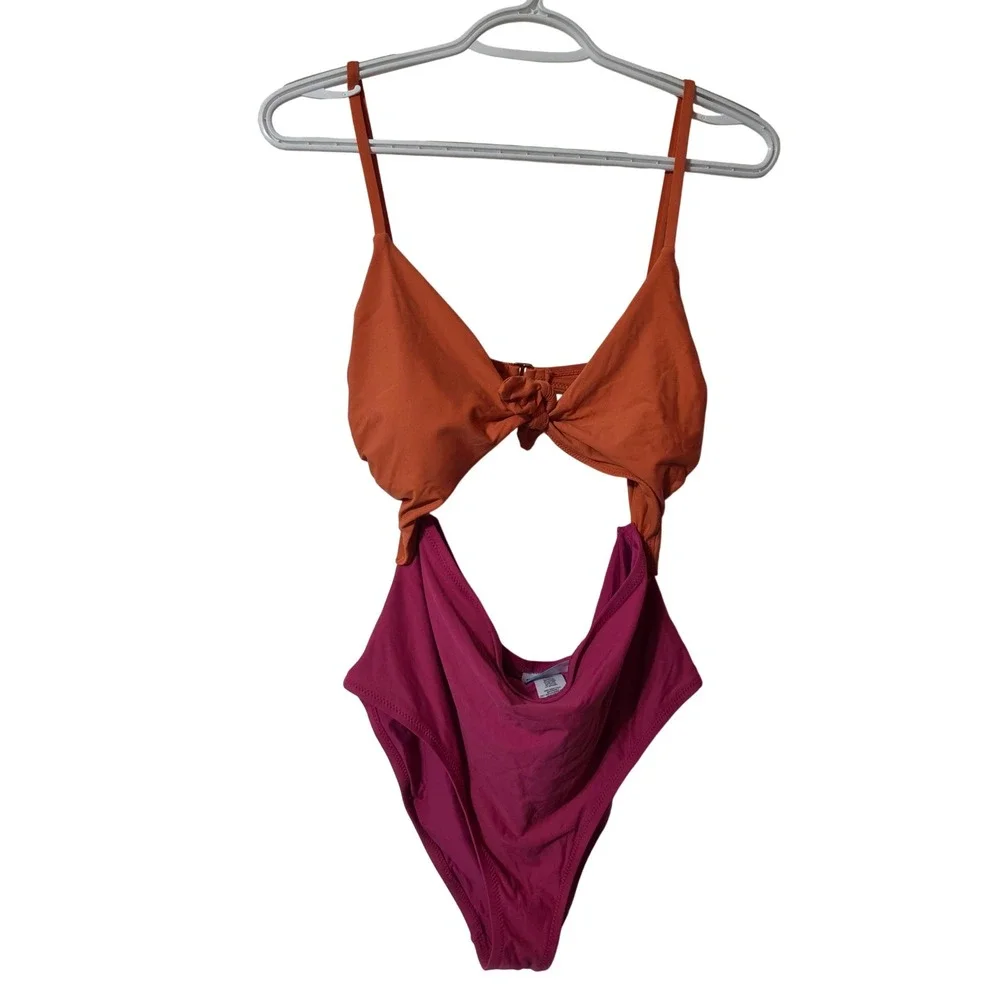 ModCloth Women Orange Pink Colorblock Cutout Tie Front Monokini Swimsuit Large - Picture 2 of 5